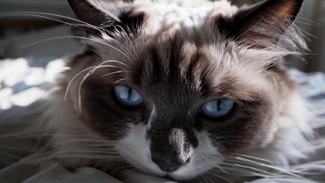 Un video suggestivo di un gatto soffice che si rilassa su un letto illuminato dal sole, catturando un momento sereno e pacifico.