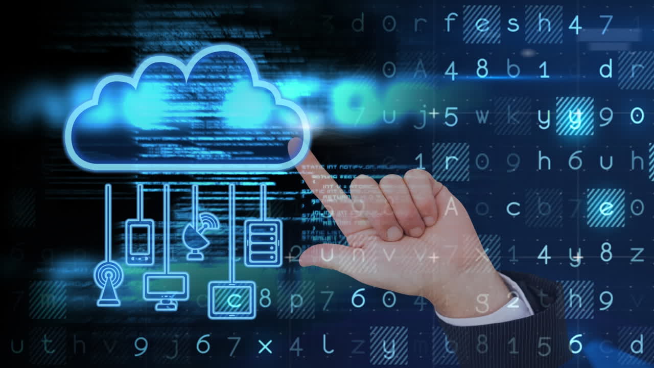 tocando el icono de la nube, la mano interactuando con los datos digitales y la animación de la red