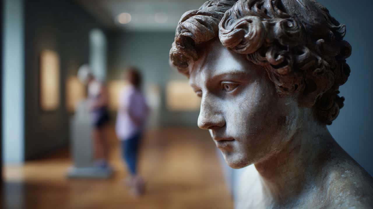 En fængslende marmorskulptur med indviklede detaljer, udstillet i et elegant kunstgalleri, med besøgende der beundrer de smukke kunstværker i baggrunden.