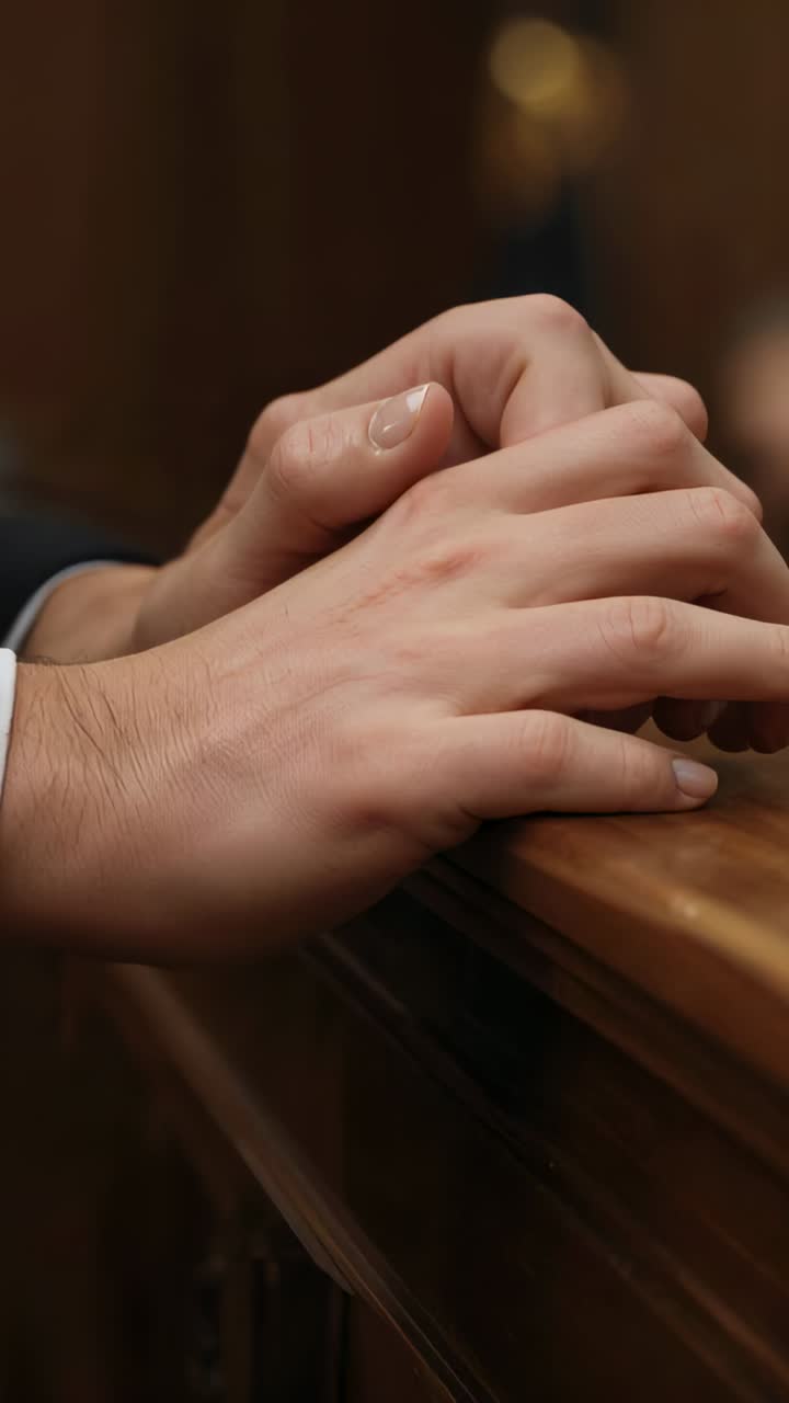 Vertical video: Fidgeting man hands shifting on wooden rail before meeting, dark sleeve brass
