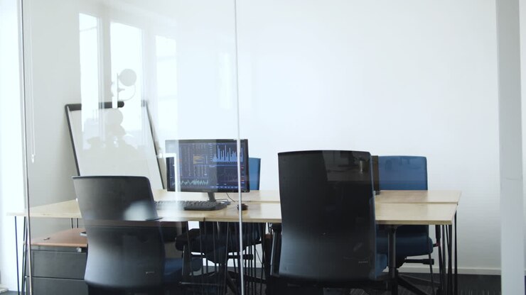 Sala de oficina vacía con ordenador y datos