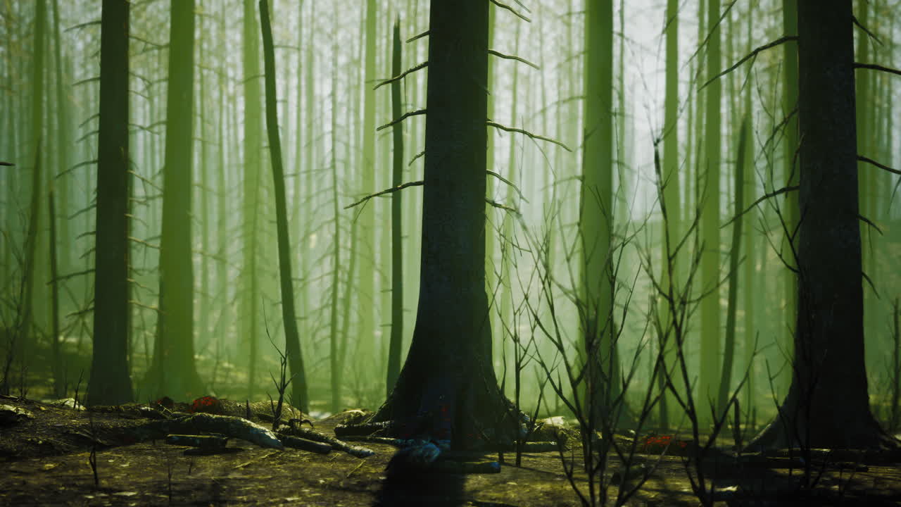 Lush green forest with towering trees in early morning light