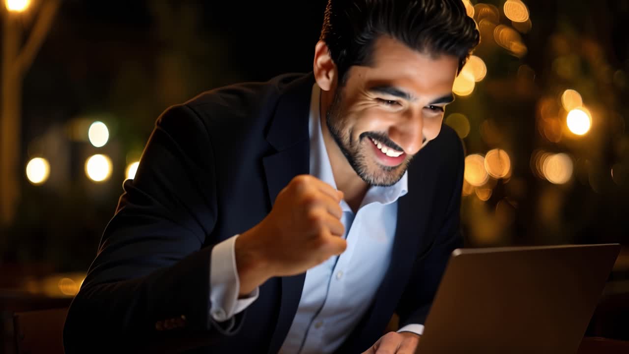 Man celebrates success while working late at outdoor cafe. He smiles, pumps fist in victory, eyes glowing with joy. Laptop on table, warm city lights blur softly behind. Perfect for business success