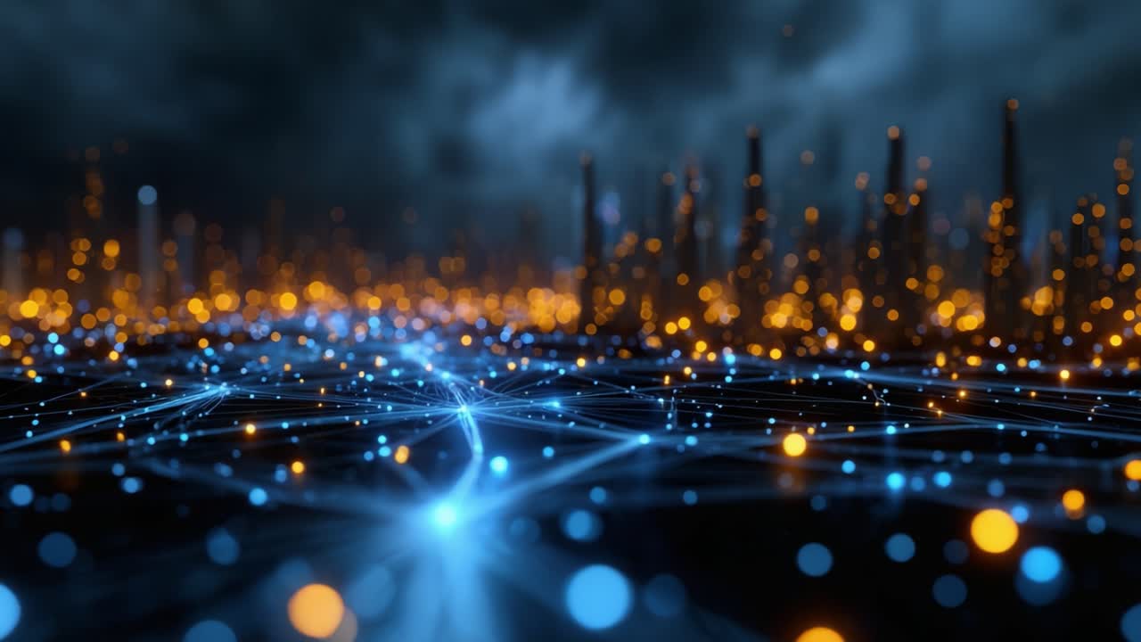 Una visualizzazione sorprendente di un paesaggio digitale con luci blu e arancioni che creano un effetto di rete dinamico su uno sfondo scuro e drammatico