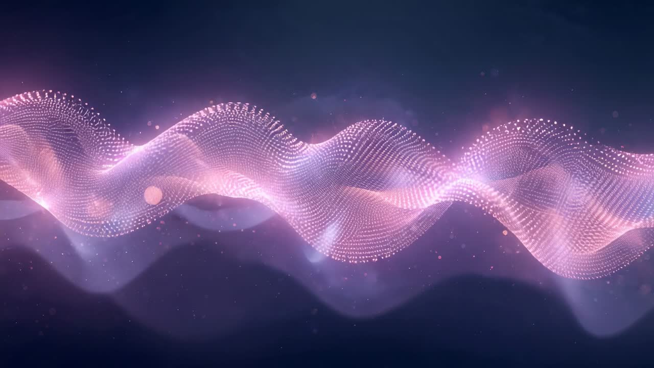 Starting animation translucent ribbon moving right on navy with lower wave bokeh making calm pulse