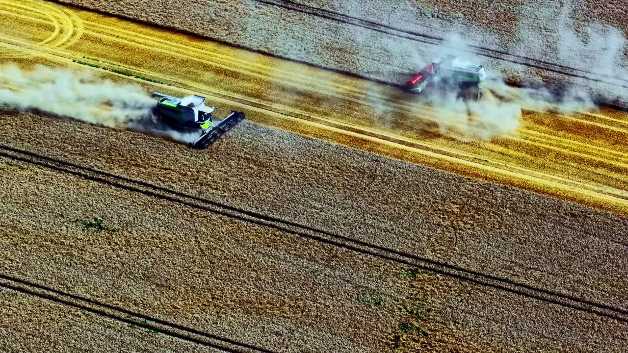 Combine harvester agriculture crop field cereal barley farming land season, aerial