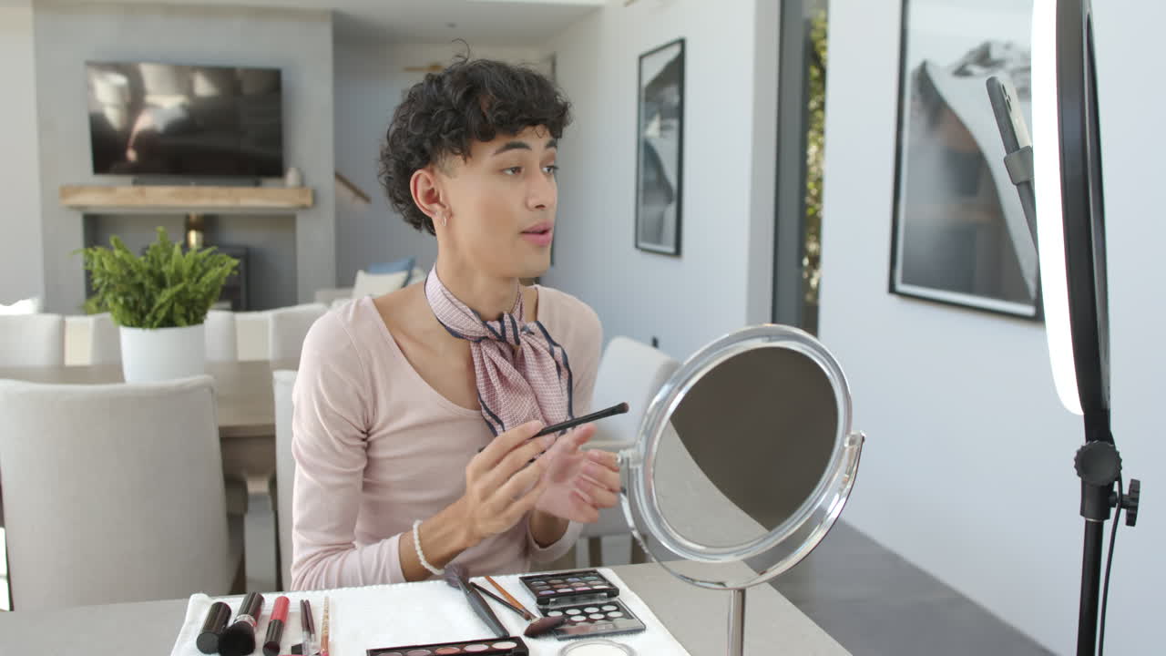 Applying makeup, non binary person using mirror and cosmetics at home