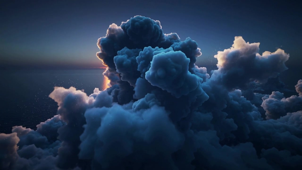 Tightening camera bringing cumulus mass closer at sea, revealing rim-lit lobes and low sun glint