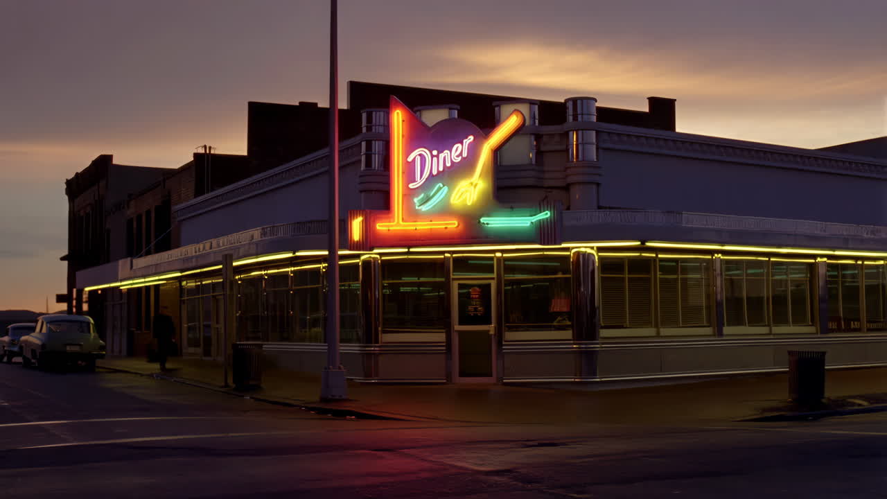 A classic diner with a bright neon sign at dusk