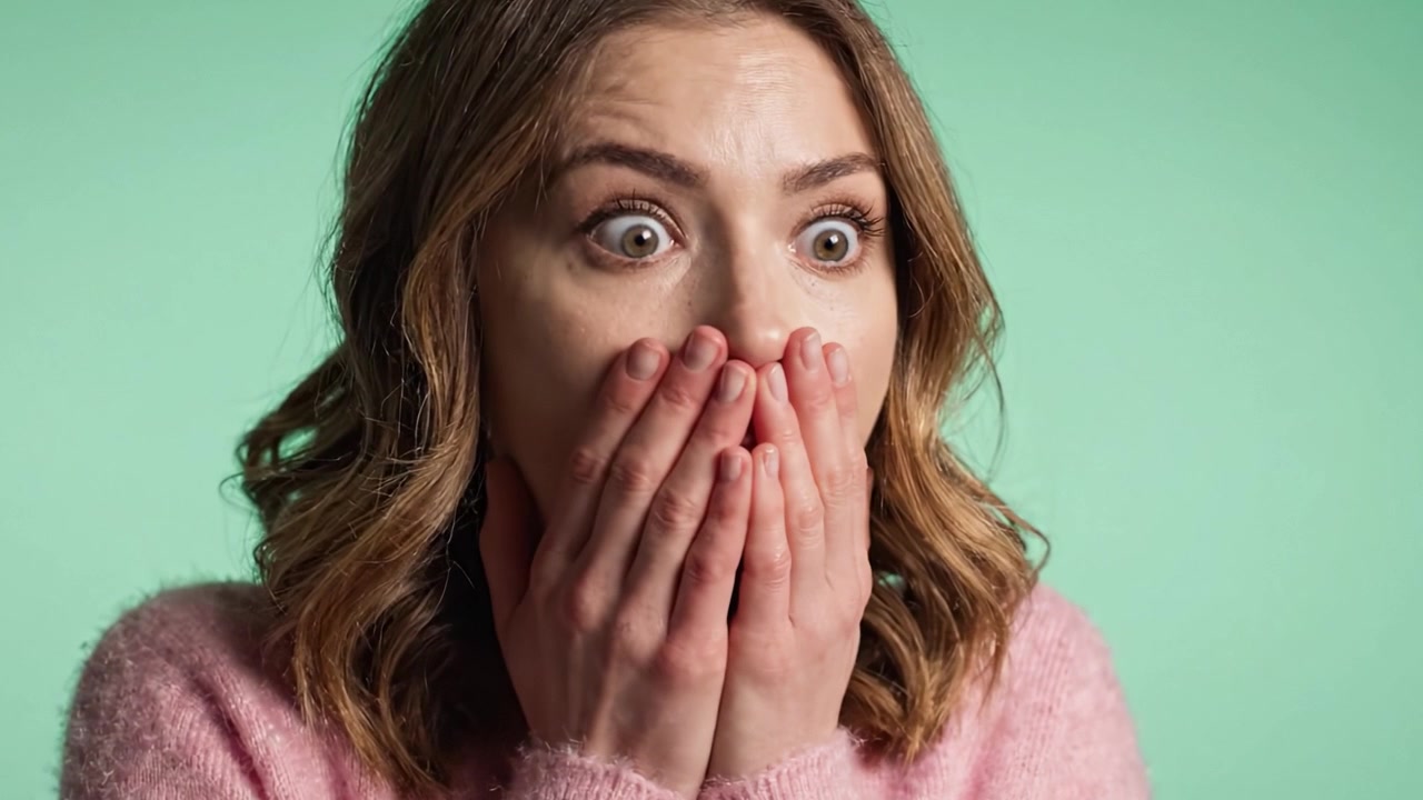 A Captivating Emotional Journey: The Transition from Contemplation to Shock in a Young Woman's Expression Against a Soft Green Background