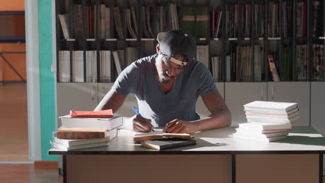 Student writes notes with intense focus during study session in library, seated at desk surrounded by stacks of books, sunlight streaming through window, shelves of publications in background
