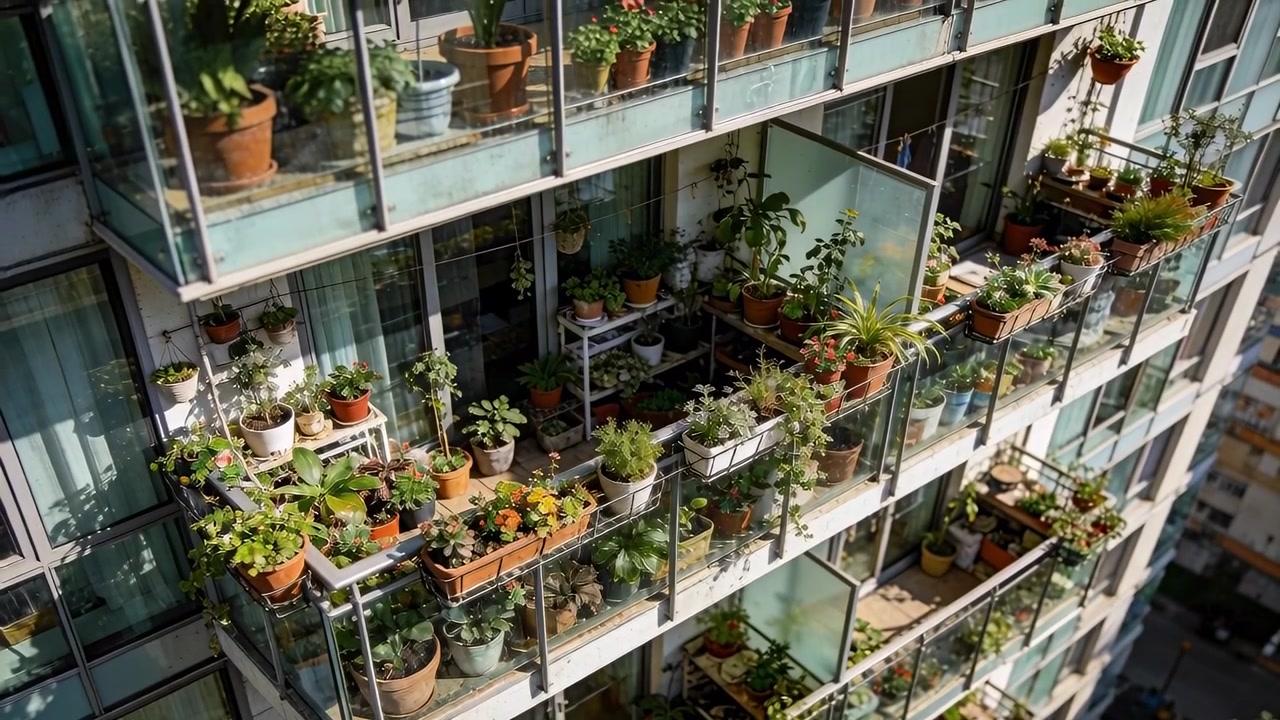 Telecamera che si muove fluidamente partendo da una vista ravvicinata, rivelando giardini sul balcone con vasi di terracotta e piante grasse.