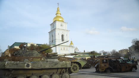 exhibition of destroyed russian military vehicles near st. michael's cathedral