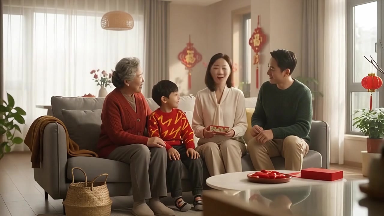 自宅で旧正月を祝う多世代のアジア系家族