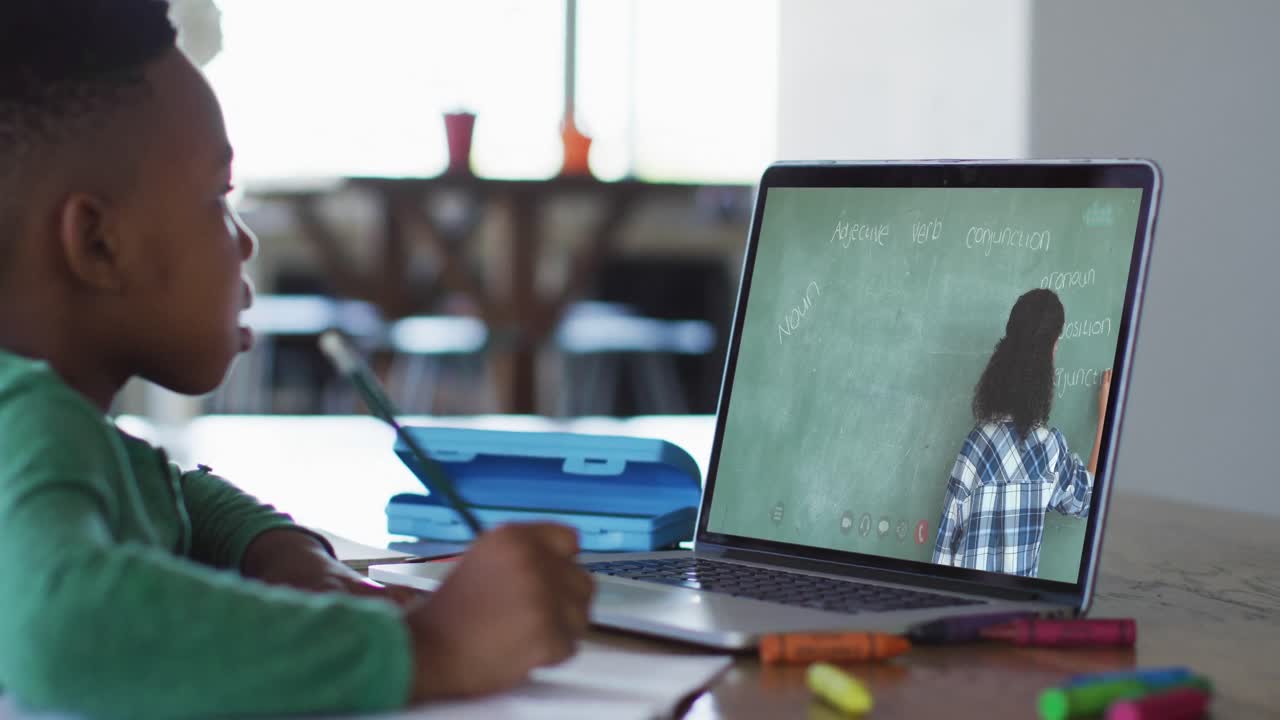 African american boy doing homework while having a video call with female teacher on laptop at home