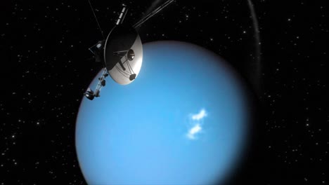 high quality and very detailed cgi render of a slow smooth orbit shot of the probe voyager 2 as it passes the planet uranus which can be seen in the background with its vivid rings