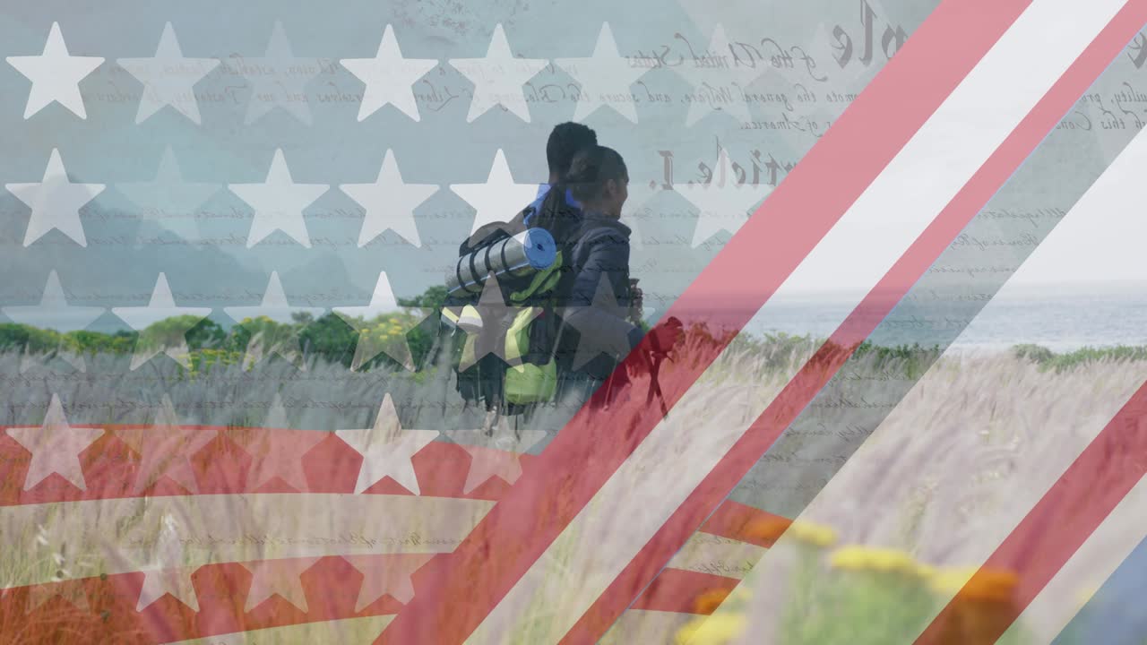 산에서 하이킹하는 다양한 커플 위에 미국  ⁇ 발의 애니메이션