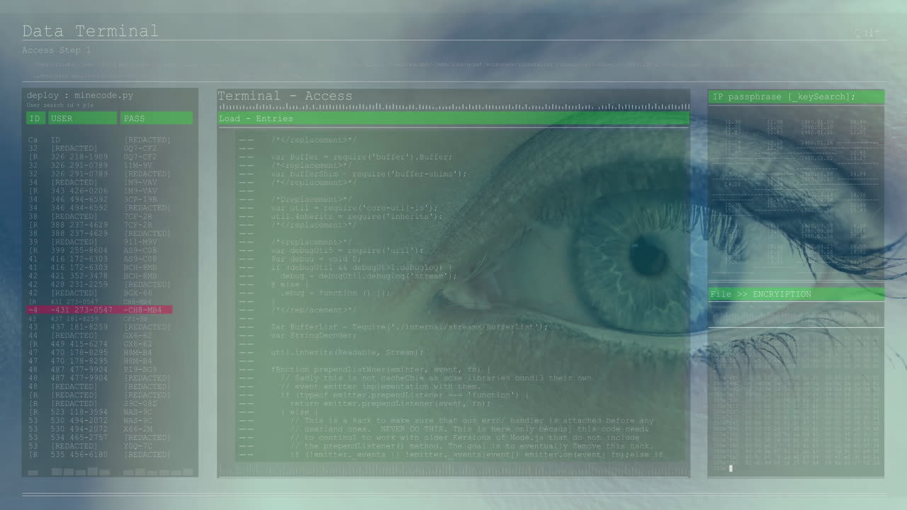 Animation of woman's blue eye with fast scrolling digital information and white and green lines