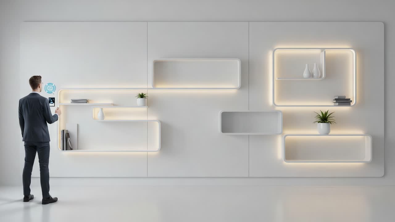 A modern and sleek office space featuring minimalistic wall shelves illuminated with soft lighting, showcasing plants and decorative items while a person interacts with technology