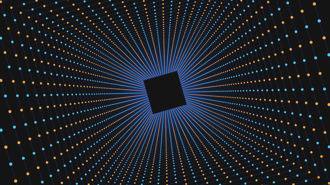 Dynamic design vibrant dots surround a striking black square on blue and orange background