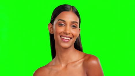 Woman,-smile-and-skincare-of-face-on-green-screen