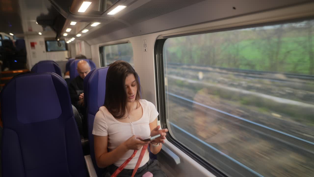 기차 에서 전화 를 사용하는 여자