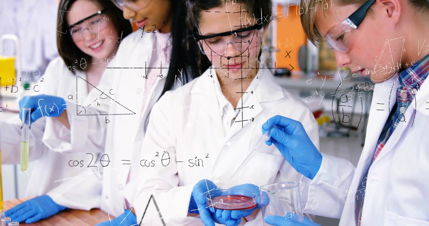 Adolescenti che sollevano una provetta e pipettano mentre formule matematiche fluttuano sopra un esperimento di chimica.