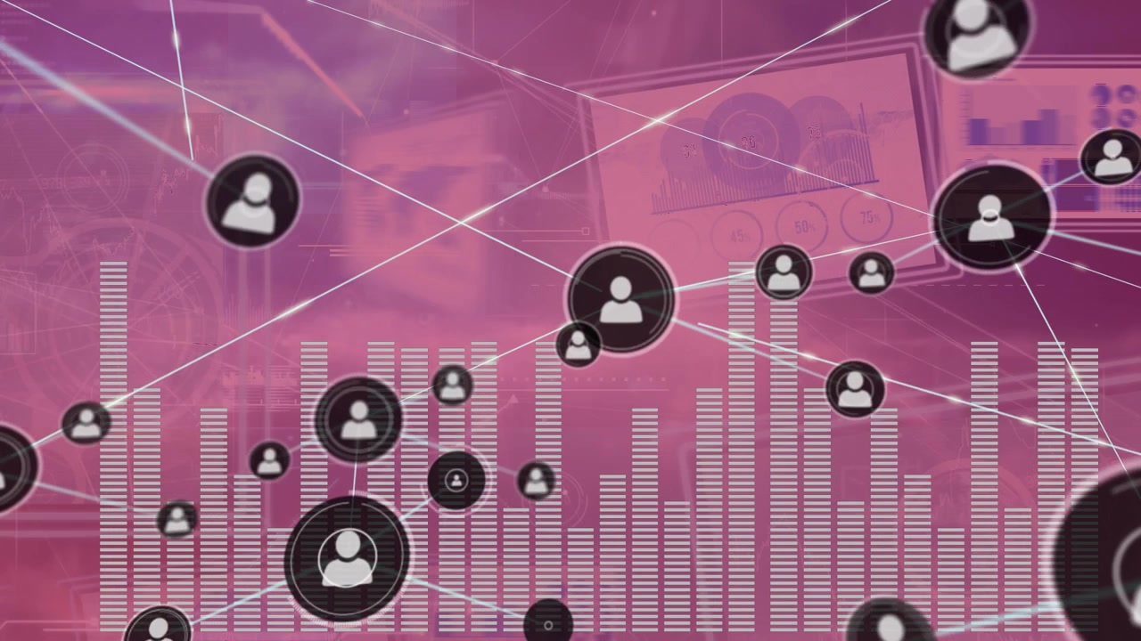 Animation of network of connections with icons over shapes on red background