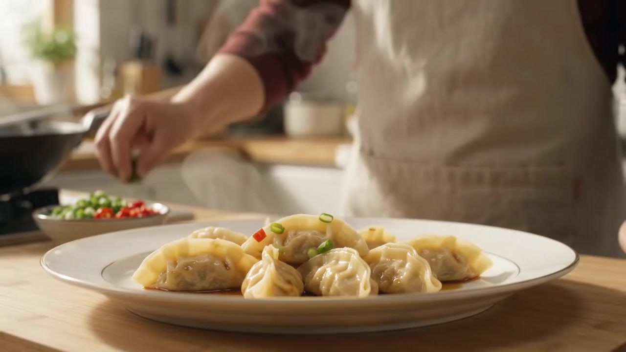 Chef Plating Freshly Cooked Dumplings in a Kitchen