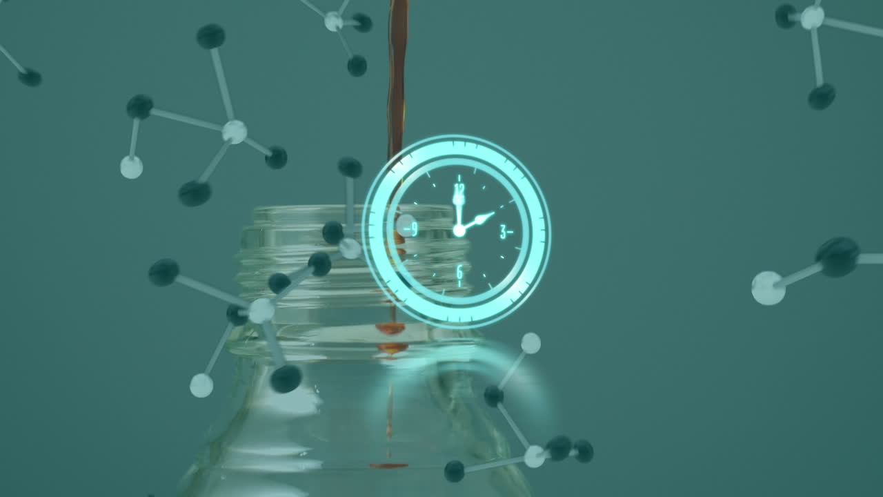 병에  ⁇ 는 액체에 대한 시계와 분자의 애니메이션