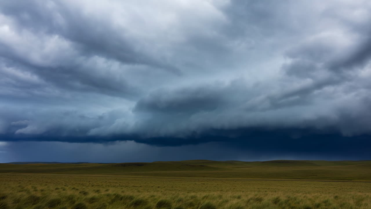 Dramatiske mørke stormskyer over prærien, bredt græsland i forgrunden med høje græstuer, tunge lavtliggende skyer.