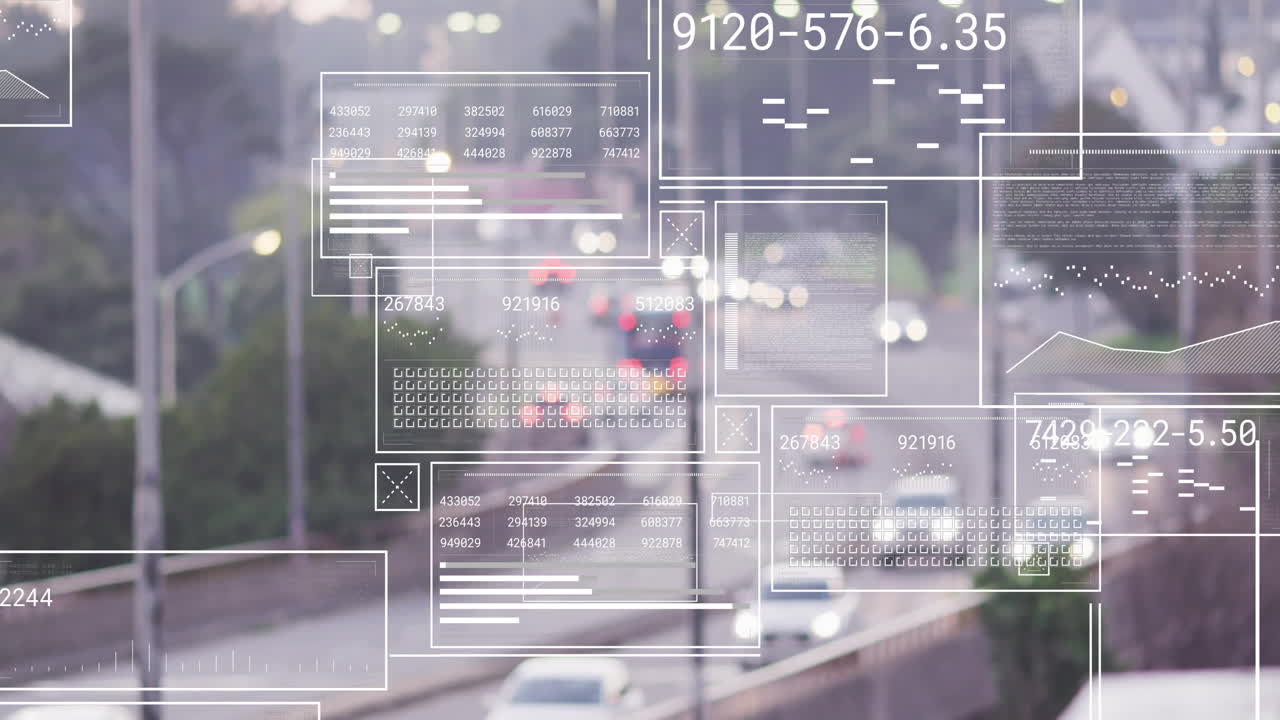 animación de procesamiento de datos de tráfico sobre autopista ocupada con vehículos en movimiento