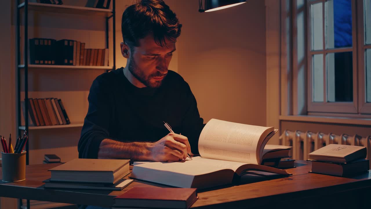 En mann studerer ved et skrivebord i et svakt opplyst rom, fanget fra en sidevinkel