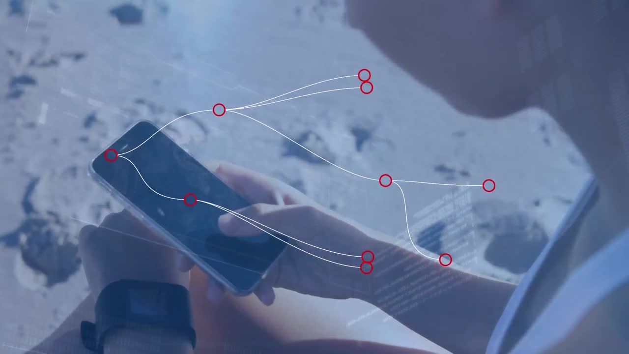 해변에서 스마트폰을 사용하는 백인 건강한 여성에 대한 연결 네트워크의 애니메이션