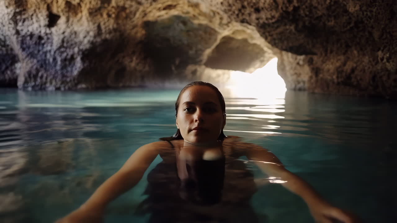 Woman Swimming in a Cave Grotto