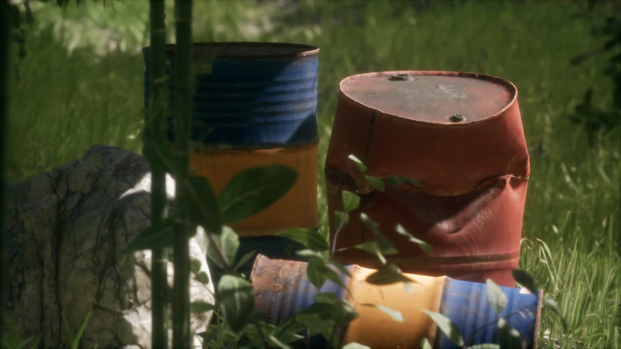 녹색 숲 속 의 녹슬은 통 들