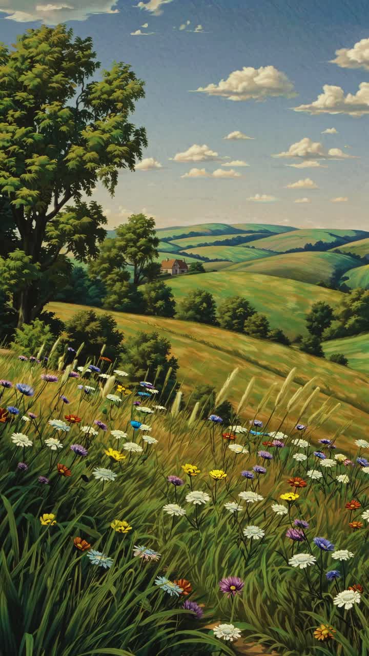 Image fixe d’une vidéo panoramique d’une campagne dynamique avec des fleurs sauvages au premier plan