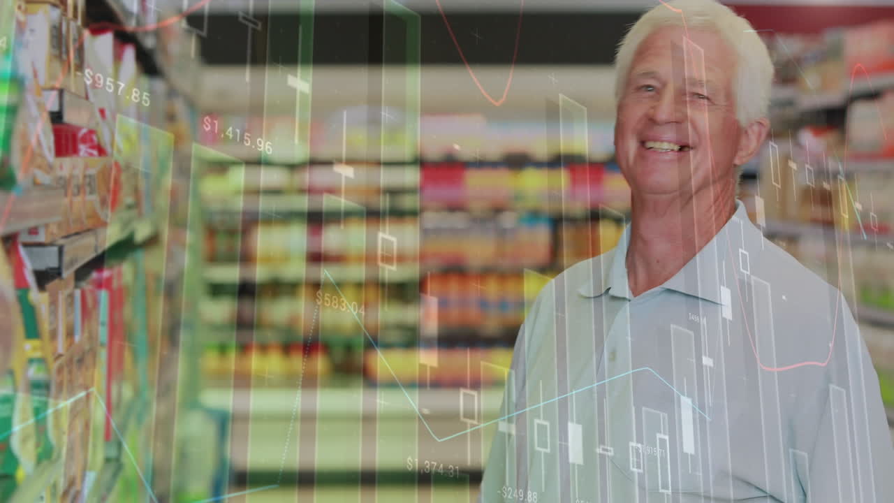 시장에서 쇼핑하는 행복한 노인 백인 남성에 대한 금융 데이터의 애니메이션