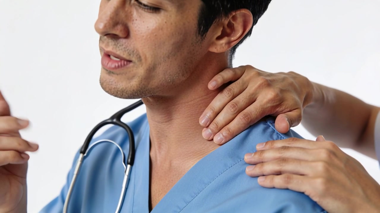 Mani che si avvicinano applicando pressione per un esame, medico uomo in studio con camice chirurgico.