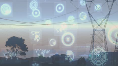 animación de la interfaz infográfica sobre siluetas de pilares eléctricos y árboles contra el cielo