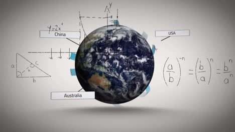 rotación de la tierra con ecuaciones matemáticas y etiquetas de países animación