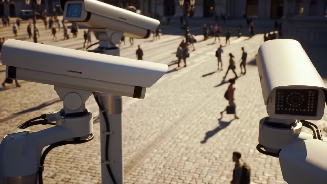 Advanced Surveillance Cameras Monitor Public Spaces with Precision, Capturing Footage in Bustling Areas Filled with Pedestrians and Activities at Different Times of the Day