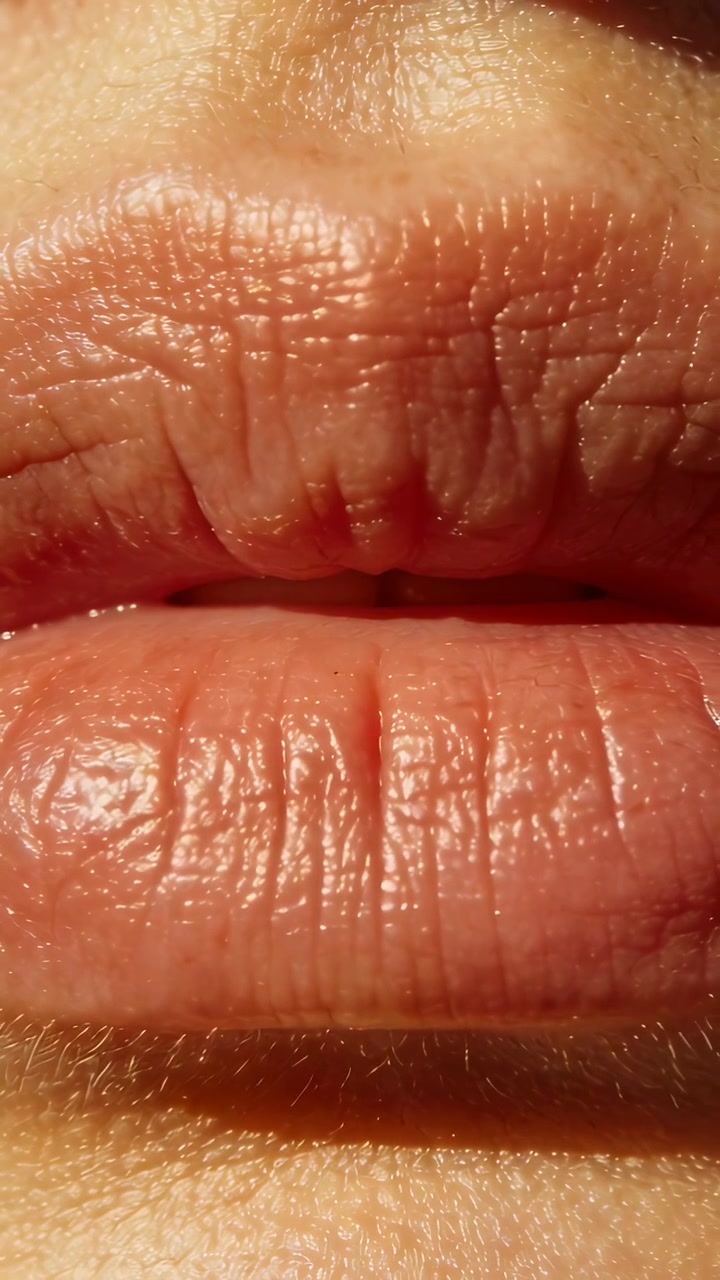 Video verticale: Registrazione di un uomo adulto che dischiude le labbra in un primo piano ravvicinato, mostrando un accenno di denti e la barba incolta.