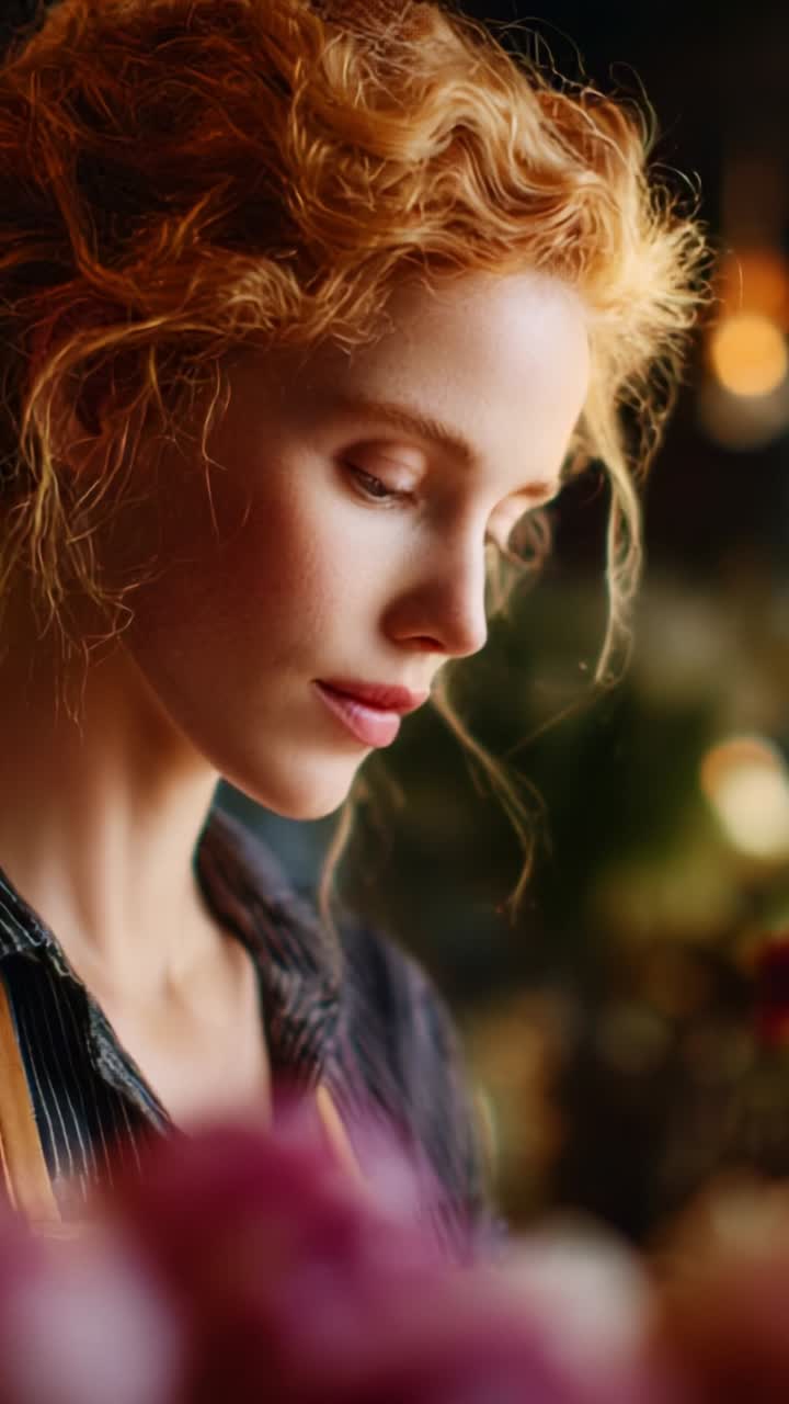A Thoughtful Florist Crafting Arrangements with Care Amidst a Celebration of Vibrant Blossoms and Warm Ambient Lighting, Captured in a Moment of Reflection