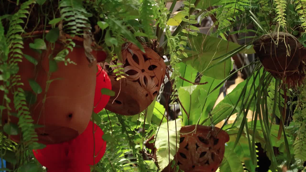 Vibrant tropical plants and decorative pots in a sunlit garden, showcasing lush greenery and intricate designs
