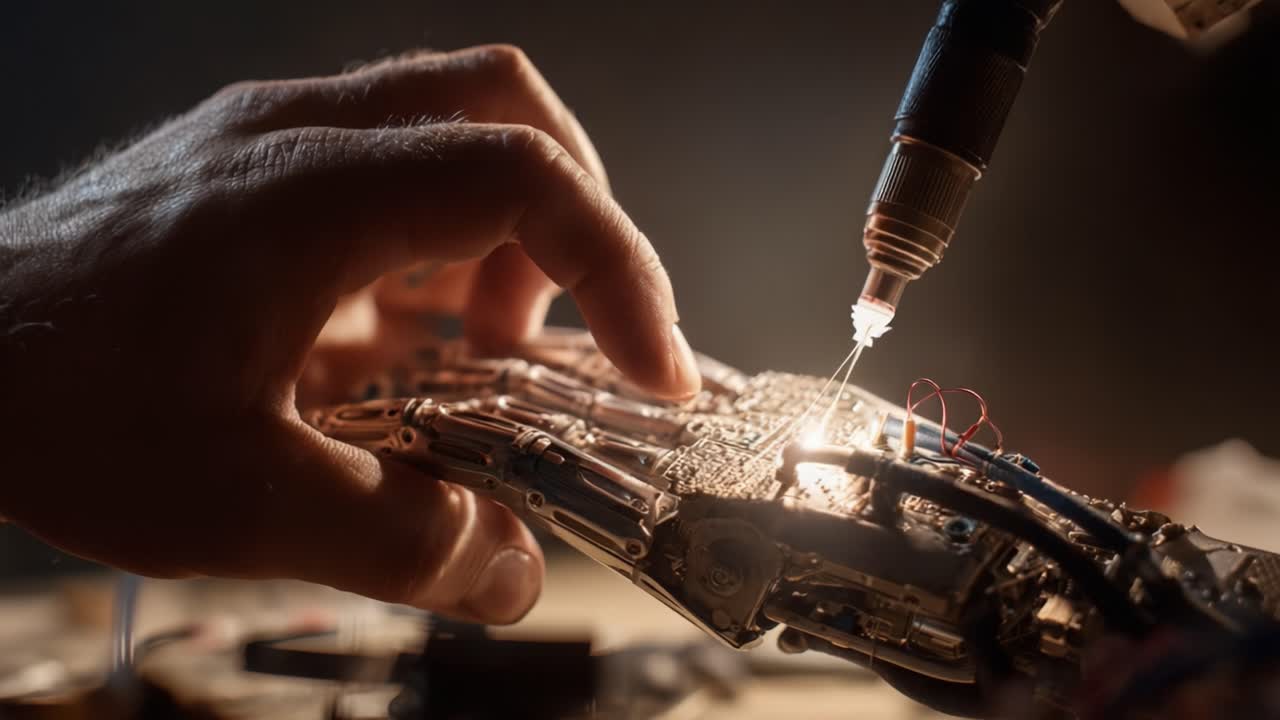 Een innovatieve combinatie van technologie en vakmanschap: een mensenhand die zorgvuldig sleutelt aan een robotprothese, waarbij de complexiteit van futuristisch design en technische innovaties in de robotica wordt getoond