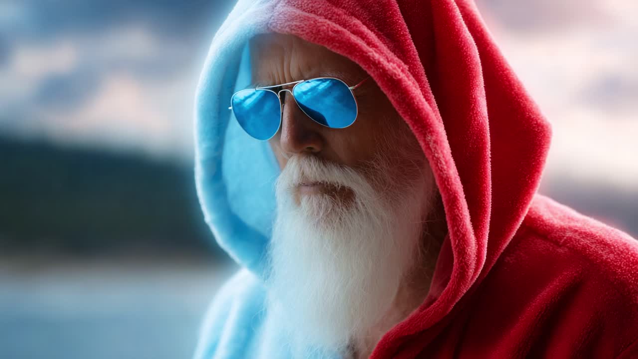 A wise figure clad in a vibrant red and blue hooded robe, sporting stylish sunglasses, exudes a sense of mystery and wisdom against a serene backdrop of nature, capturing a compelling moment