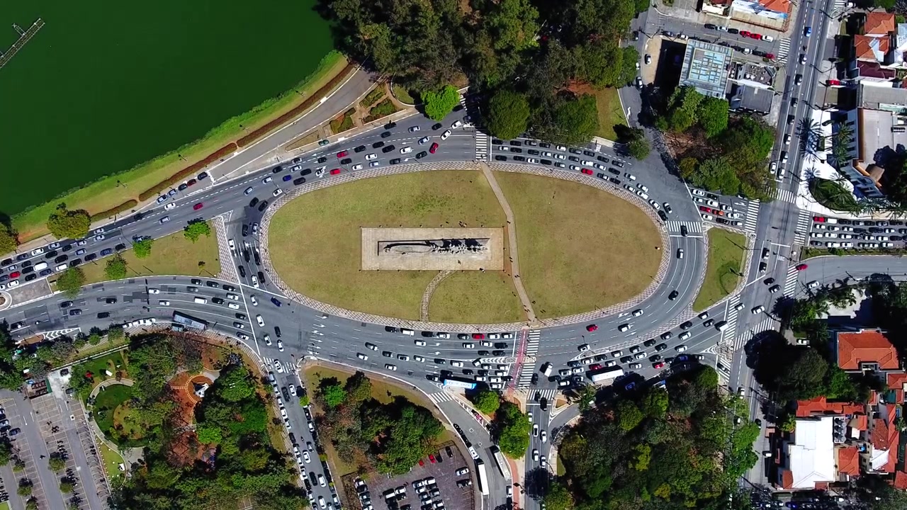 Aerial view of the iconic Monumento às Bandeiras in São Paulo, Brazil, located near Ibirapuera Park, capturing busy roads and urban landscape.