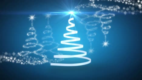 Animation-of-christmas-white-ribbon-forming-christmas-tree-on-blue-background