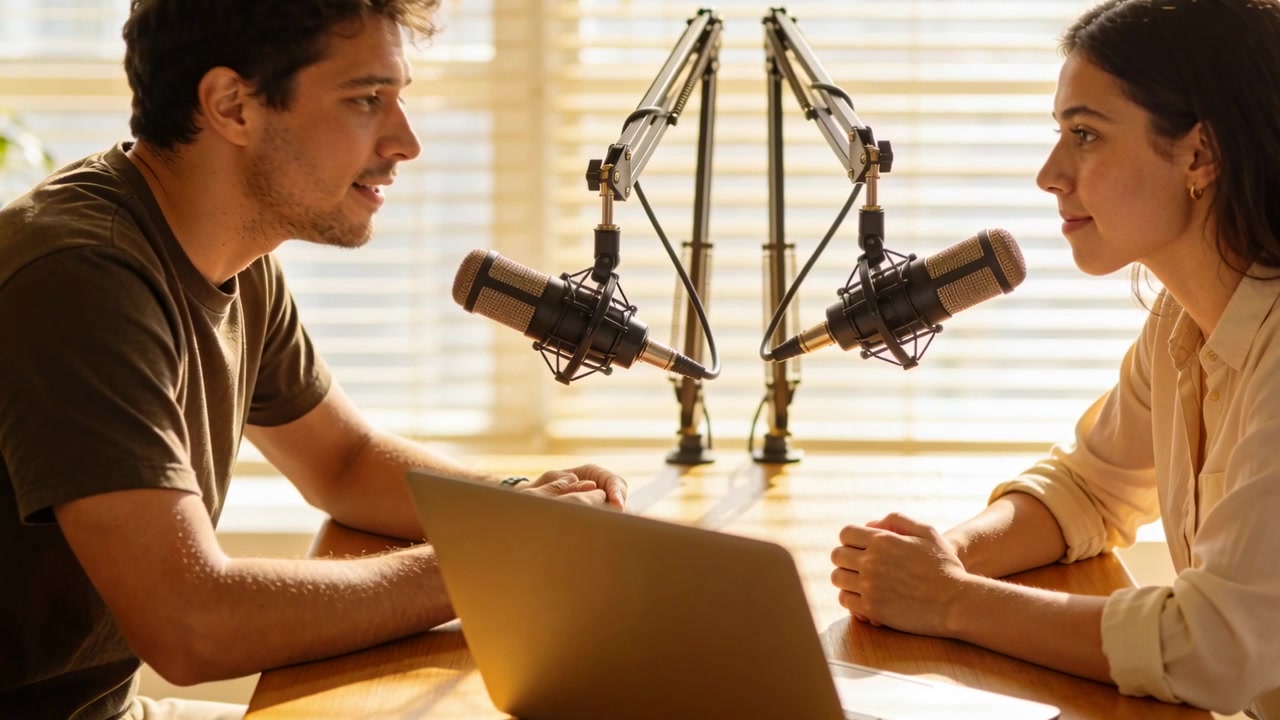 Manden begynder at gestikulere og forklare til en kvinde i en lys bluse i et studie med mikrofoner og bærbar computer til podcast.